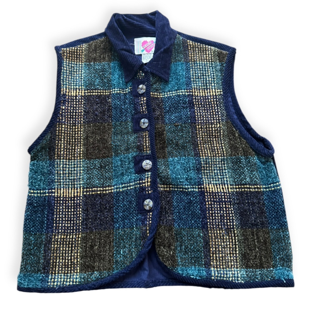 Vintage 90’s KEREN Hart Corduroy Collar Plaid Tapestry Vest